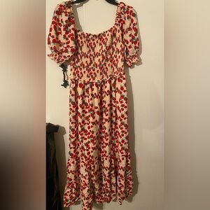 Cream Maxi Dress with Strawberry Print and Puff Sleeves